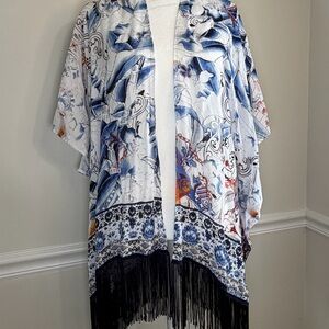 Chico’s Fringe Silk Ruana Cool Kimono Watercolor Print Open Front Sz S/M
